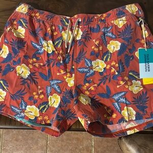 Fair Harbor Red navy and Yellow Swim Trunks with floral Design